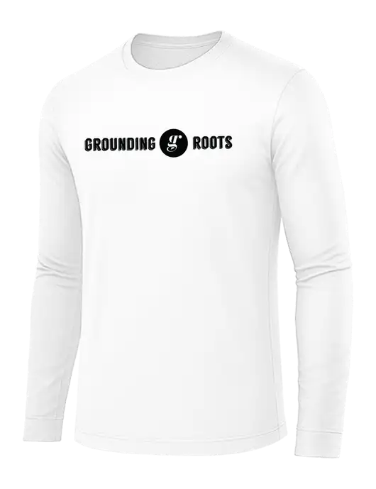 Long Sleeve White PosiCharge Competitor Tee w/Grounding Roots Logo
