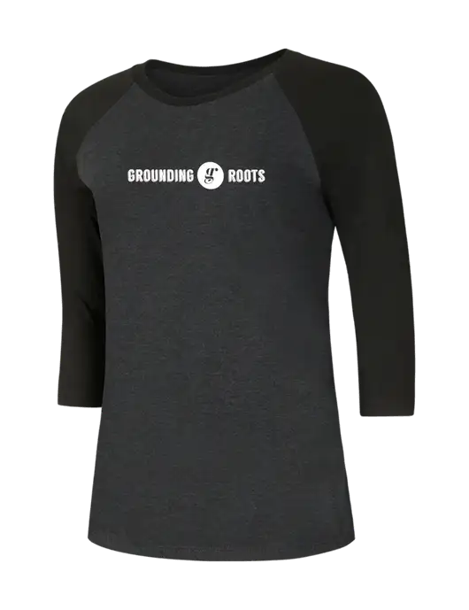 Womens Simply Soft 3/4 Sleeve Black/Black Frost Ring Spun Cotton T-Shirt w/Grounding Roots Logo