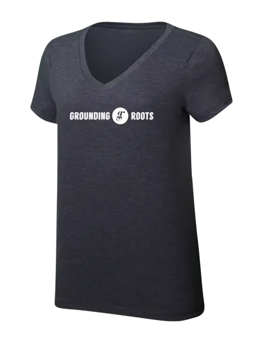Womens Simply Soft V-Neck Heather Charcoal 4.5oz  Poly/Combed Ring Spun Cotton T-Shirt w/Grounding Roots Logo