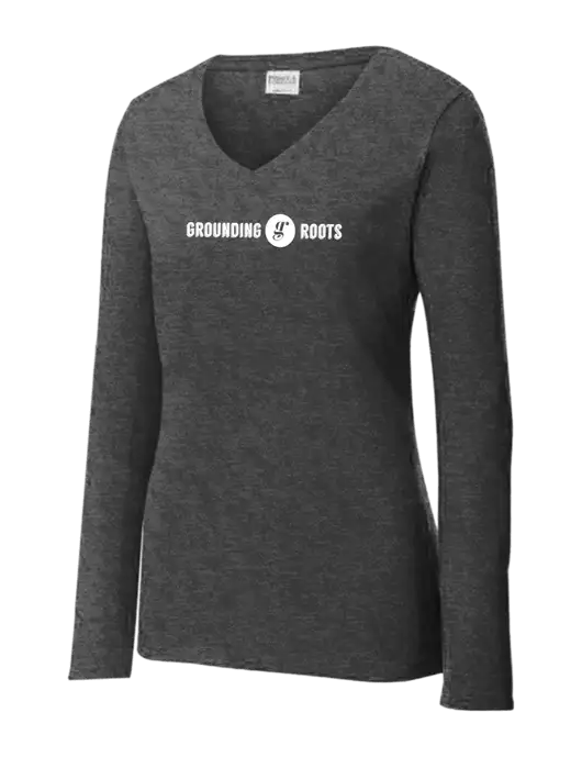 Womens  V-Neck Ring Spun Dark Heather Grey 4.5 oz Long Sleeve T-Shirt w/Grounding Roots Logo