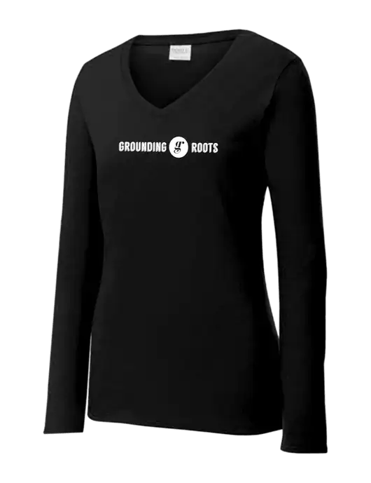 Womens V-Neck Ring Spun Jet Black 4.5 oz Long Sleeve T-Shirt w/Grounding Roots Logo