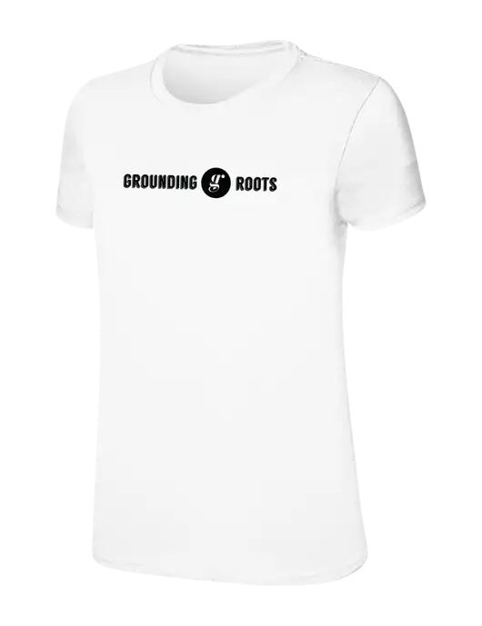 Womens Ring Spun White 4.5 oz T-Shirt w/Grounding Roots Logo