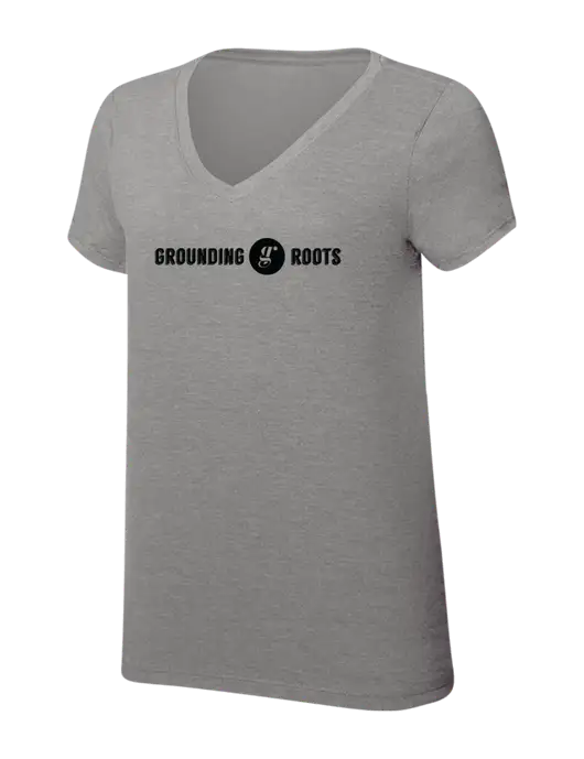 Womens Simply Soft V-Neck Grey Frost 4.5oz  Poly/Combed Ring Spun Cotton T-Shirt w/Grounding Roots Logo