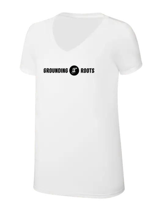 Womens Simply Soft V-Neck White 4.5oz  Poly/Combed Ring Spun Cotton T-Shirt w/Grounding Roots Logo