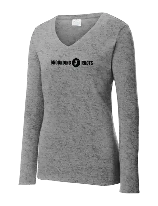 Womens  V-Neck Ring Spun Grey Heather 4.5 oz Long Sleeve T-Shirt w/Grounding Roots Logo