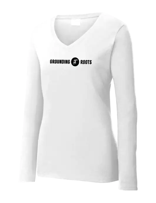 Womens  V-Neck Ring Spun White 4.5 oz Long Sleeve T-Shirt w/Grounding Roots Logo