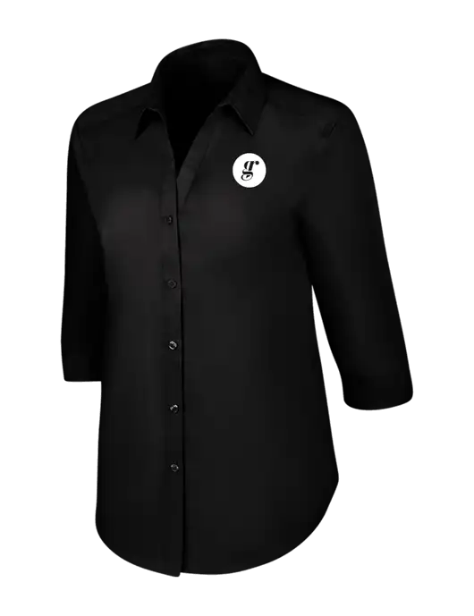 Womens Black 3/4 Sleeve Carefree Poplin Shirt w/Grounding Roots Logo
