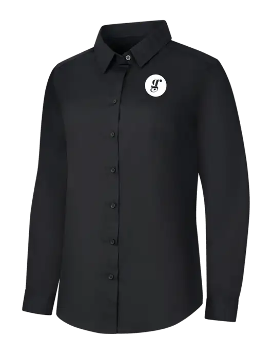 Womens Black Long Sleeve Carefree Poplin Shirt w/Grounding Roots Logo