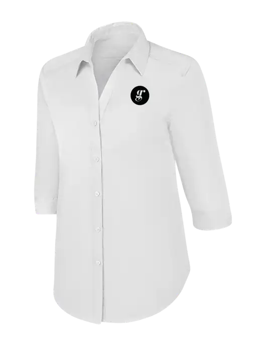 Womens White 3/4 Sleeve Carefree Poplin Shirt w/Grounding Roots Logo