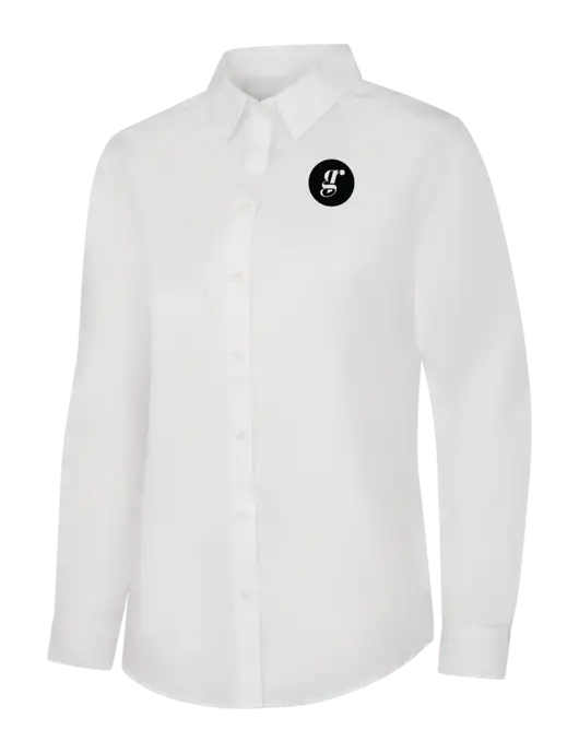 Womens White Long Sleeve Carefree Poplin Shirt w/Grounding Roots Logo