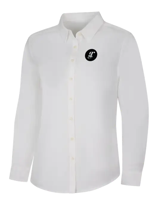 Womens White Long Sleeve Superpro React Twill Shirt w/Grounding Roots Logo