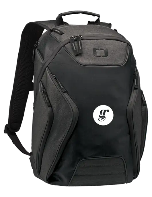 OGIO Black/Heather Grey Hatch Laptop Backpack
 w/Grounding Roots Logo